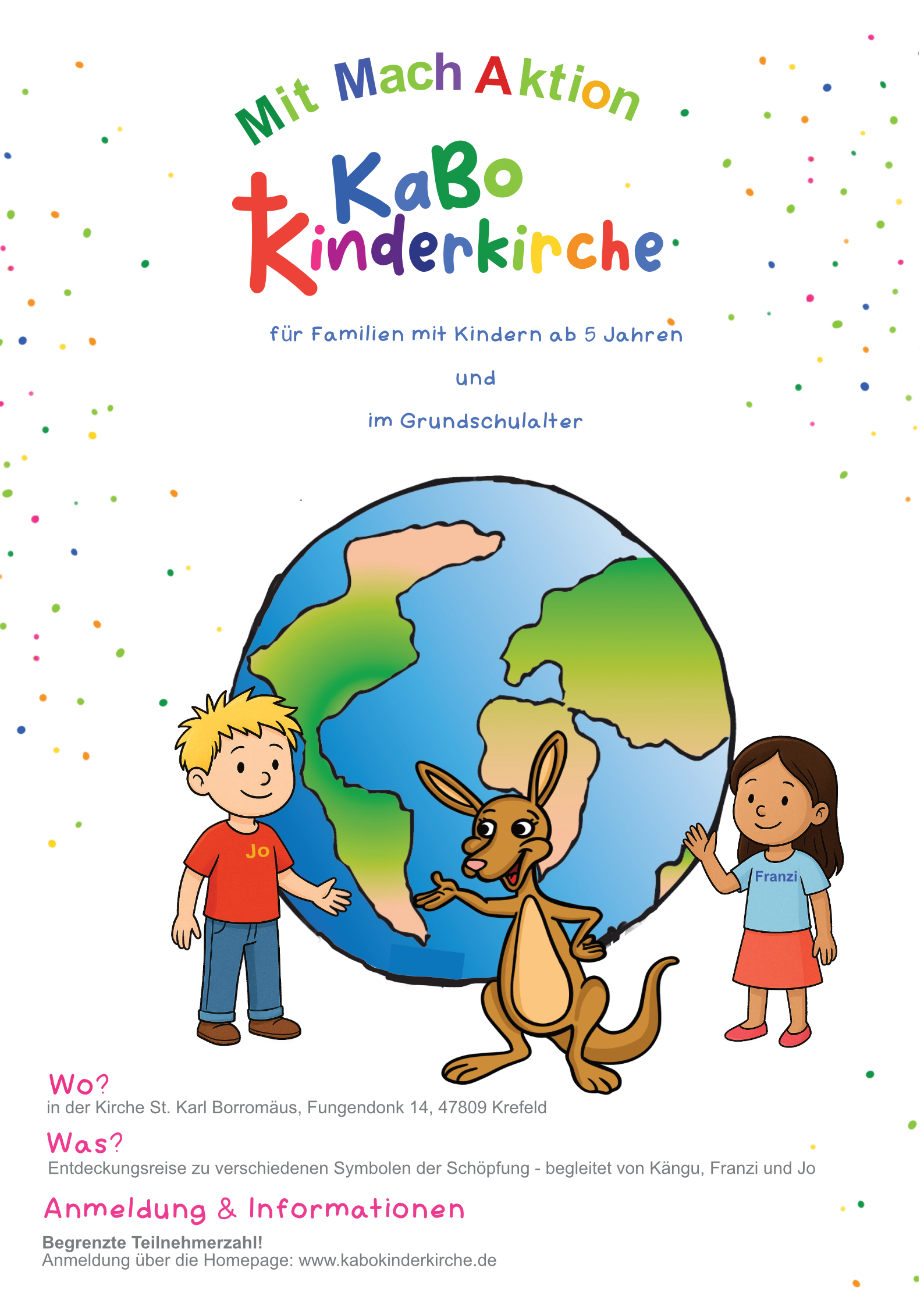 Über dem farbigen Logo KaBo Kinderkirche findet sich der Schriftzug 'MitMachAktion'. Darunter findet sich eine Weltkugel sowie Kängu und zwei Kinder (ein Junge und ein Mädchen).