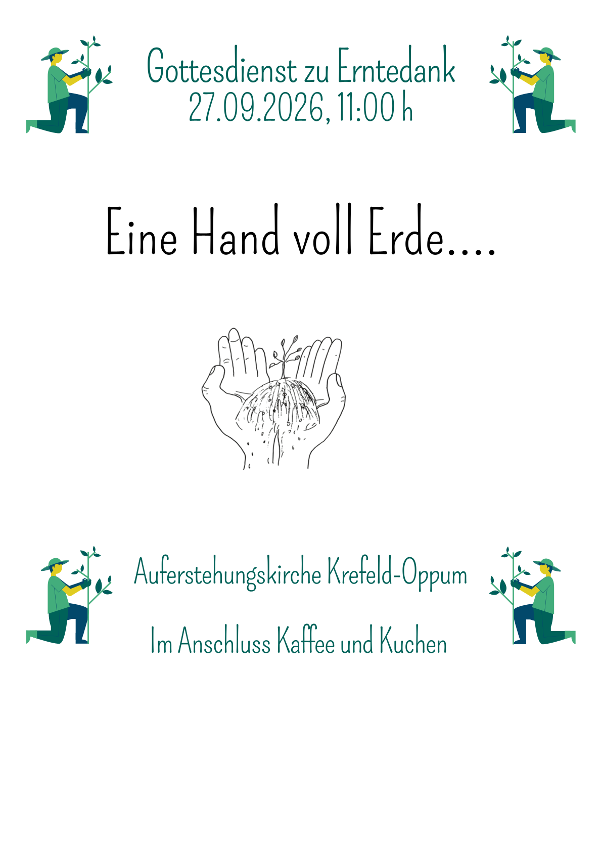 Schwarz-weiße Zeichnung zweier Hände, die Erde mit einer kleinen Pflanze halten, umgeben von grünem Text und bunten, stilisierten Figuren mit wachsenden Pflanzen in den Händen.