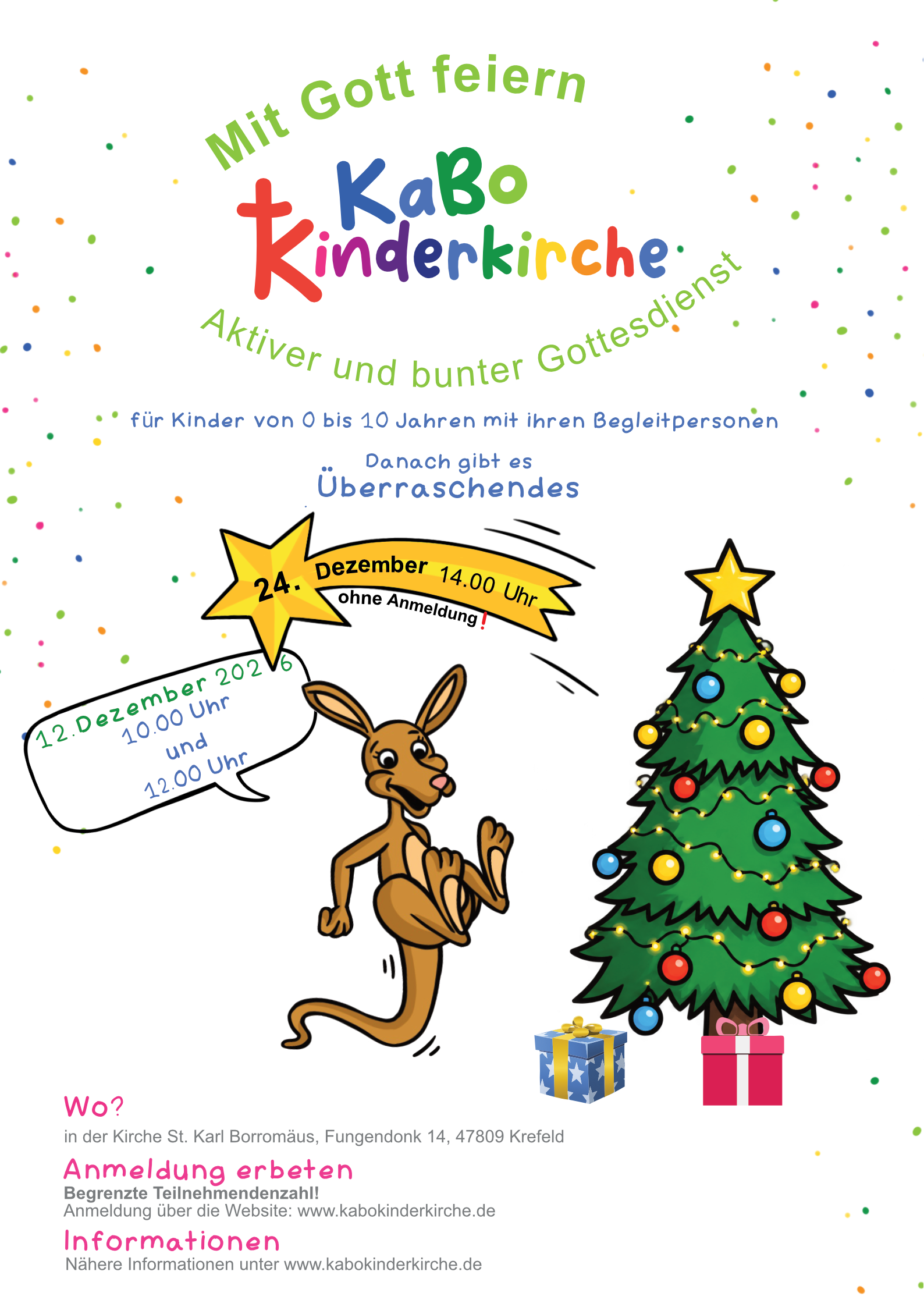 Kängu freut sich und rechts ein geschmückter Weihnachtsbaum mit farbigen Geschenken unten. In der Mitte ein gelber Stern mit Schweif.