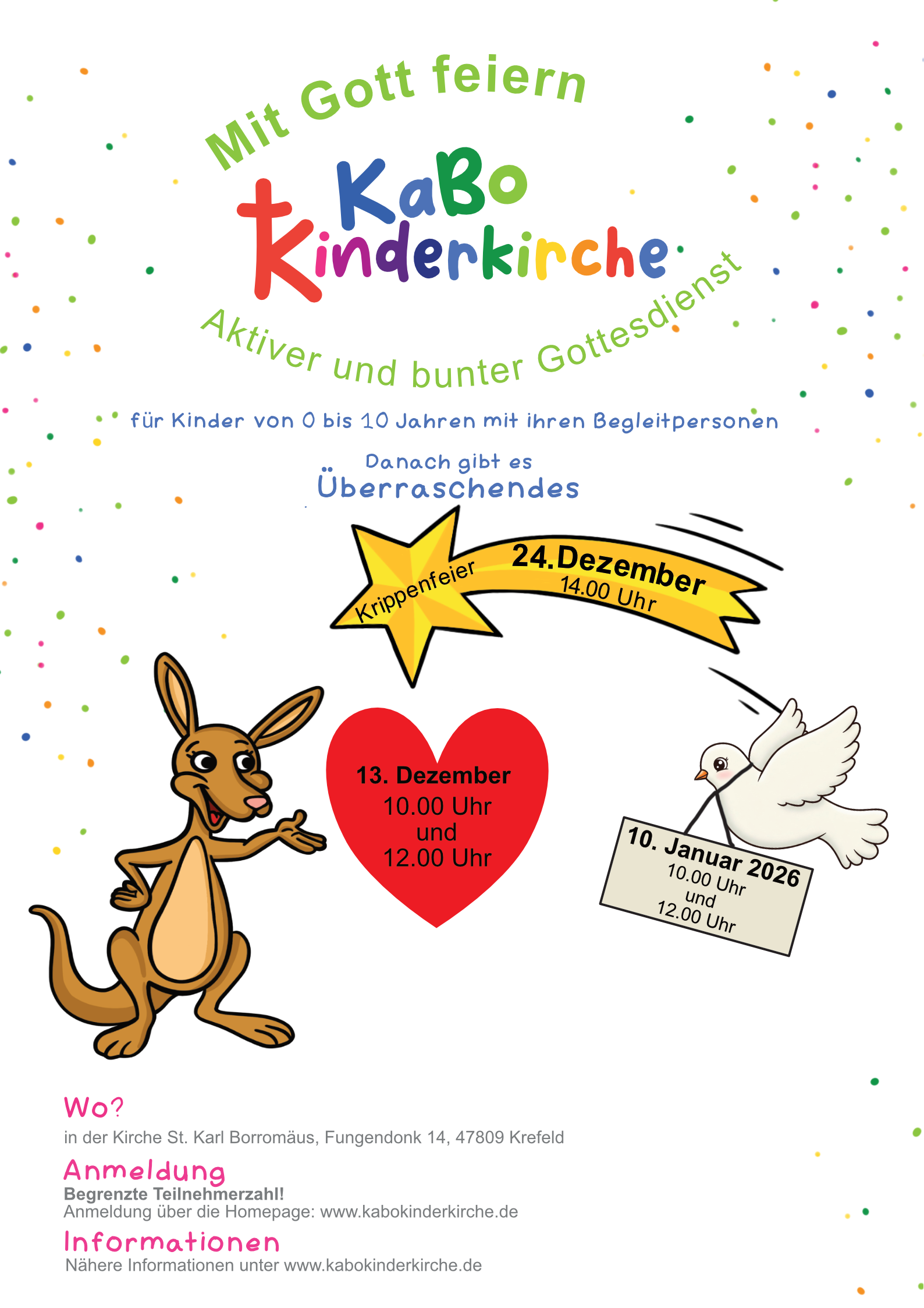 Kängu ist neben einem roten Herz. In der Mitte ist noch ein gelber Stern mit Schweif. Rechts ist eine weiße Taube mit einem sandfarbenen Schild.