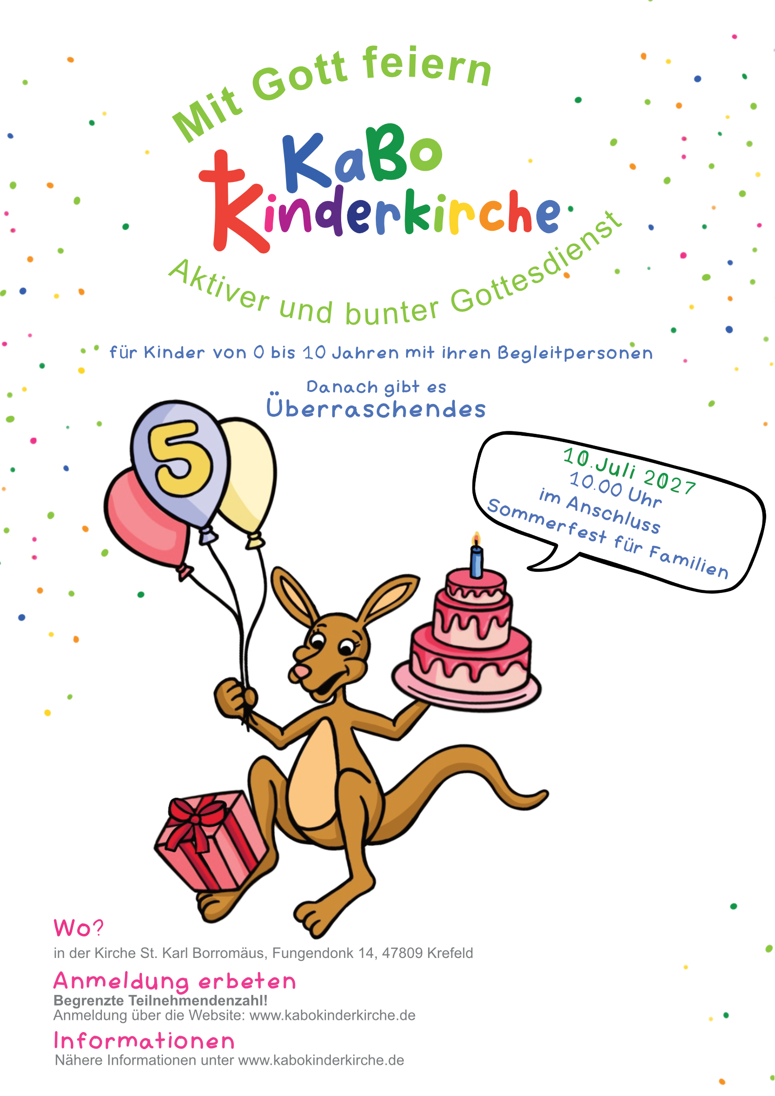 Plakat Juli 27 Geburtstag Kängu 5. Geb_PNG Känguru mit Luftballons und Geburtstagstorte vor buntem Konfetti, Einladung zur Feier des 5. Geburtstags der KaBo Kinderkirche am 10. Juli 2027.