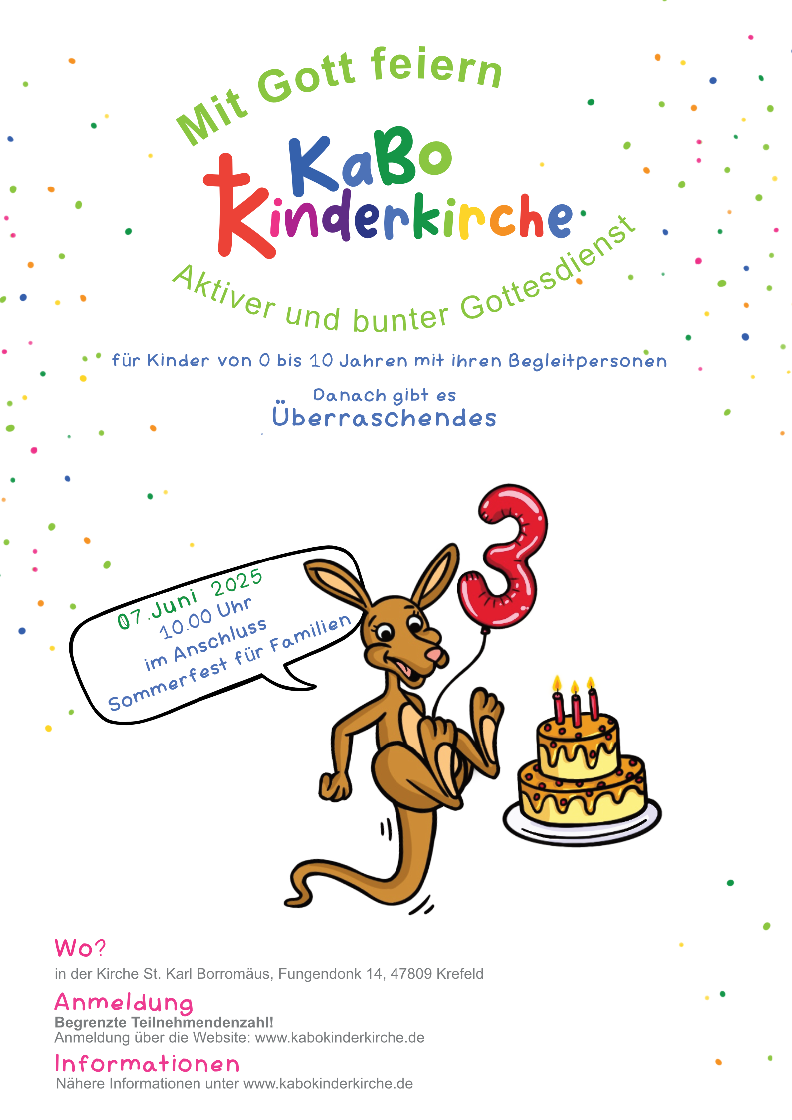 Kängu hat einen roten Luftballon in Form einer Drei. Neben Kängu ist eine bunte Torte. Die Torte hat die Farben gelb und orange.