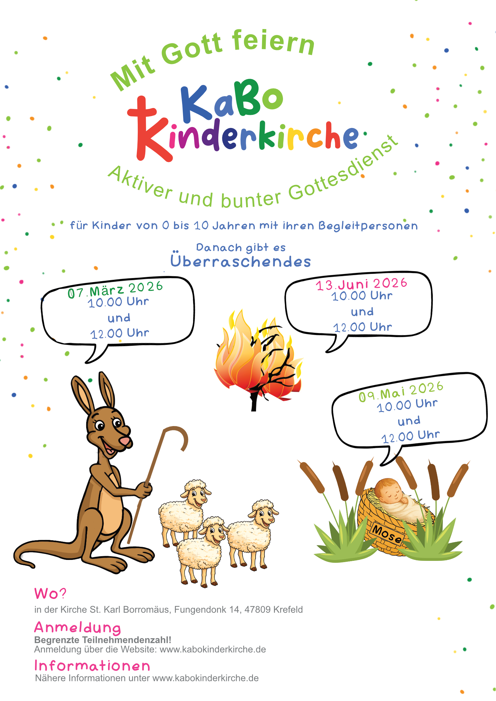 Kängu (links) hält einen braunen Hirtenstab in der Hand, daneben drei weiße Schafe; in der Mitte ein brennender Busch; rechts ein Baby gebettet auf Stroh und im Binsenkorb zwischen Schilfpflanzen