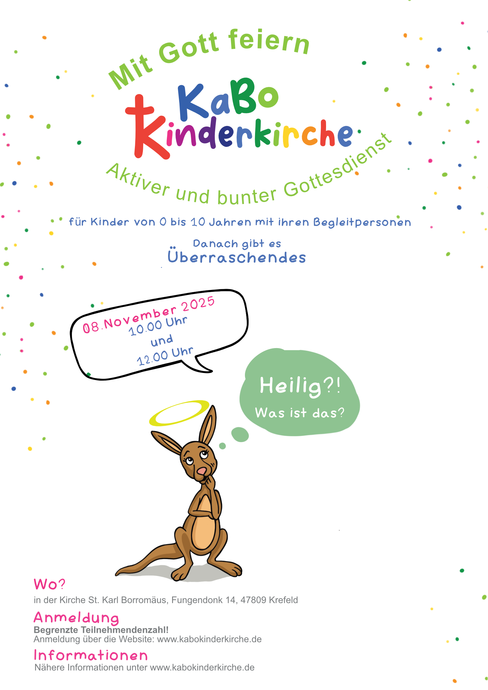 Kängu mit einem Heiligenschein. Rechts neben Kängu ist eine grüne Sprechblase, in der mit weißer Schrift steht 'Heilig?' und 'Was ist das?'.