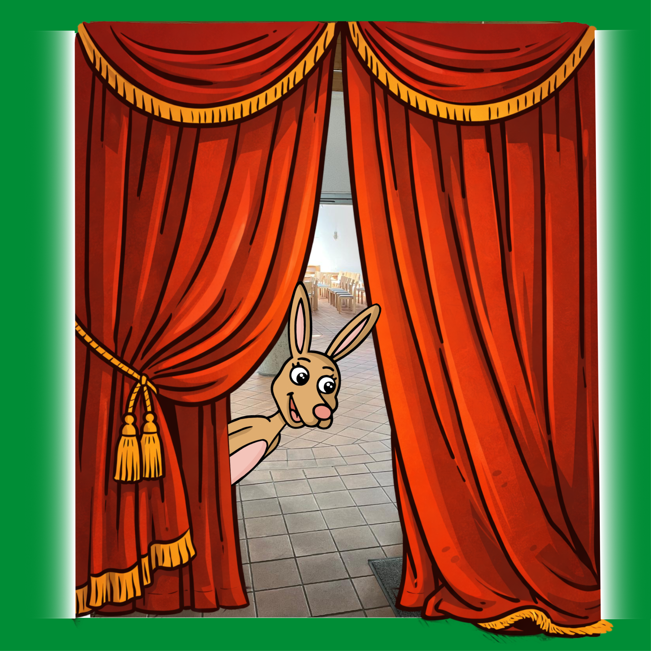 In einem grünen Rahmen schaut hinter einem rot-goldenen Vorhang Kängu hervor. Im Hintergrund sieht man den Kirchraum mit Stühlen.