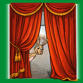 In einem grünen Rahmen schaut hinter einem rot-goldenen Vorhang Kängu hervor. Im Hintergrund sieht man den Kirchraum mit Stühlen.