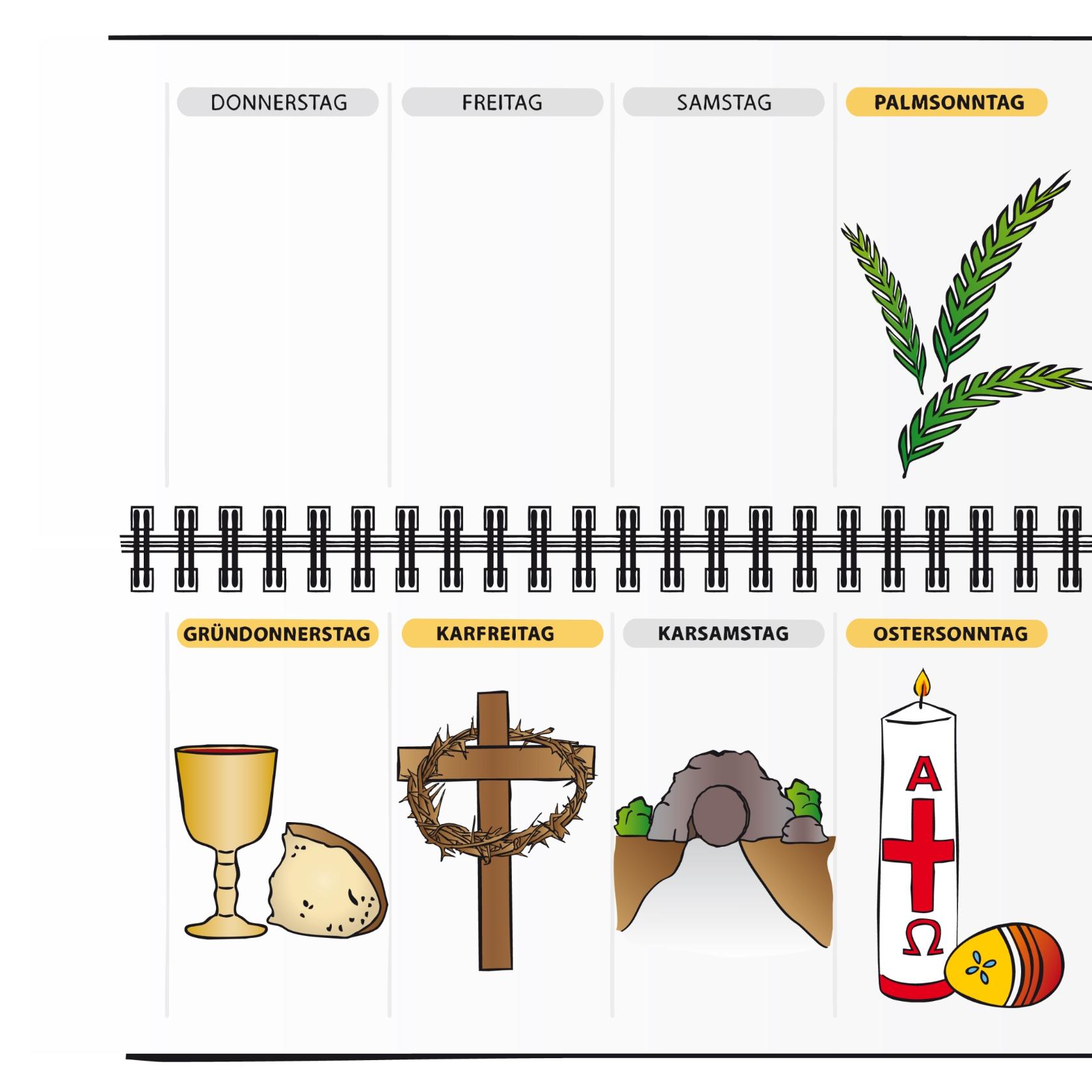 Ein geöffneter Kalender mit weiteren Bildern. Oben Palmsonntag (Palmzweige) und unten dann die Karwoche. Beginnend mit Kelch und Brot am Gründonnerstag, am Karfreitag dann ein Kreuz mit einer Dornenkrone, am Karsamstag dann ein Felsengrab mit einem Stein. Am Ostersonntag dann eine weiße Kerze mit A (Alpha) und  (Omega). In der Mitte ein rotes Kreuz. Neben der Kerze dann ein Osterei.