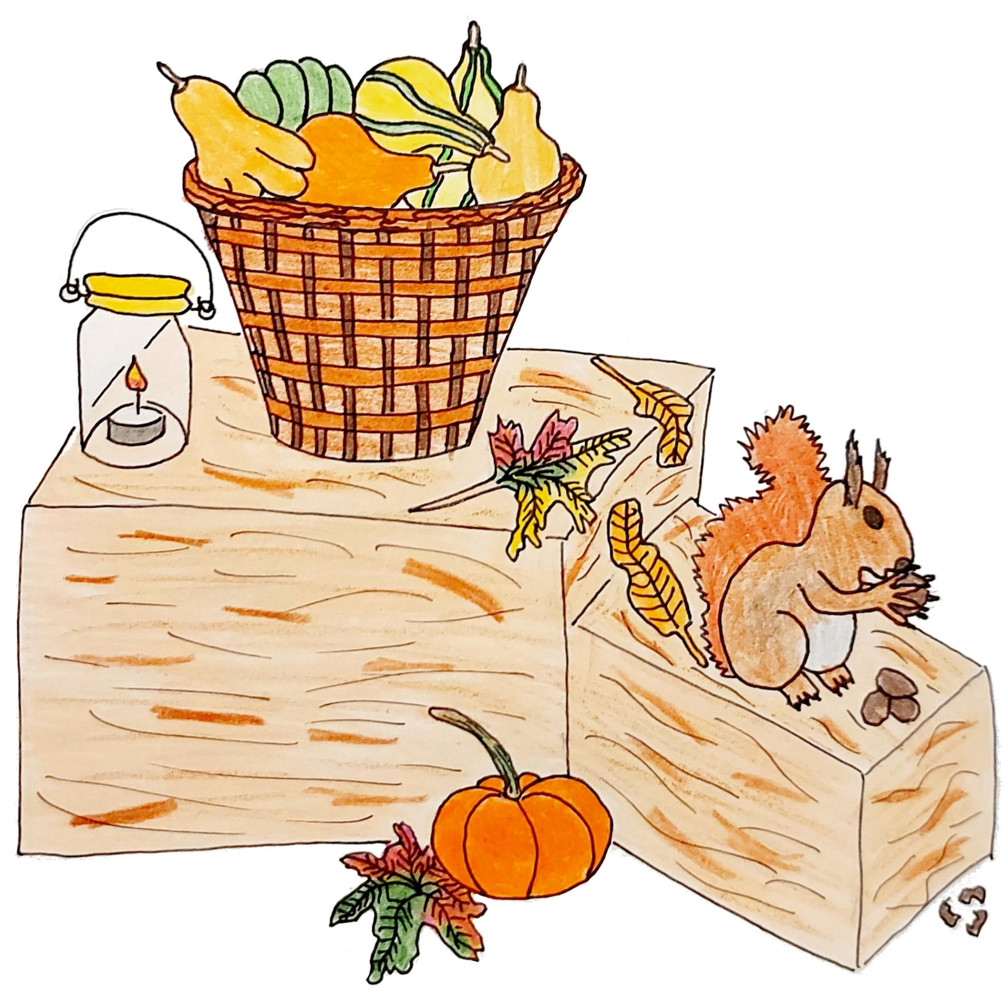 Zwei Kisten. Auf der großen Kiste ein Korb mit bunten herbstlichem Gemüse. Auf der kleineren Kiste ein rotbraunes Eichhörnchen.