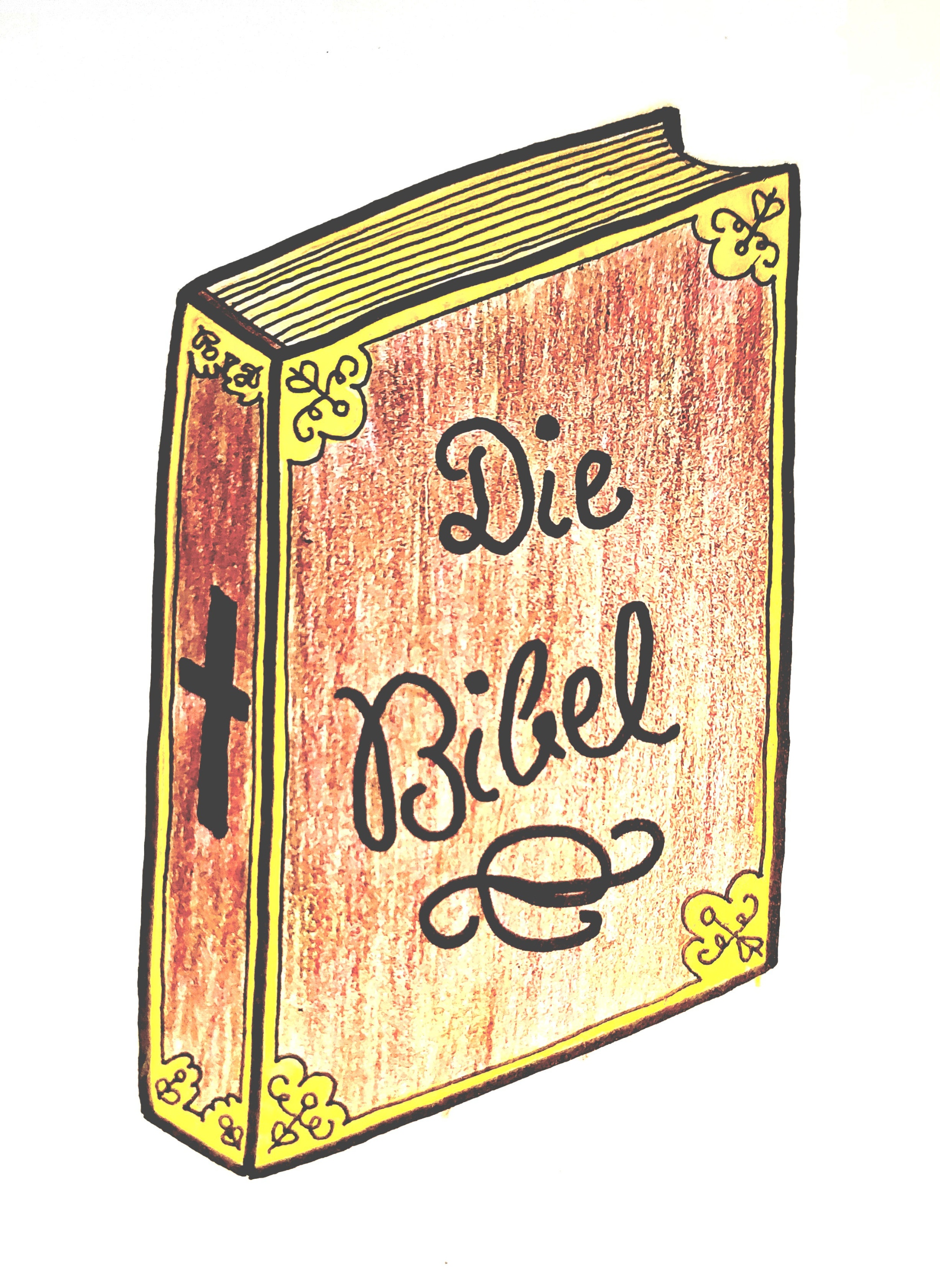 Ein gezeichnetes Bild der Bibel in rotbrauner Farbe.