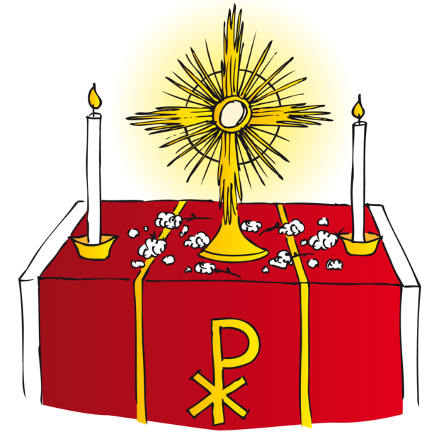 Ein Tisch gedeckt mit einer roten Tischdecke und zwei brennenden, weißen Kerzen und dem PAX -Symbol. In der Mitte eine strahlende Monstranz in gold.