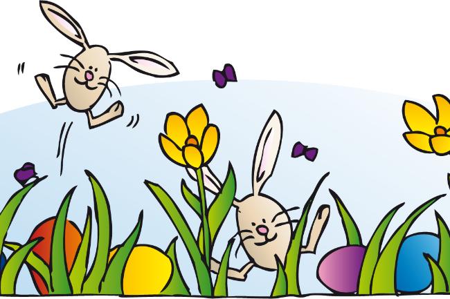 Aus einer grünen, blühenden Wiese springt eine kleiner Osterhase.