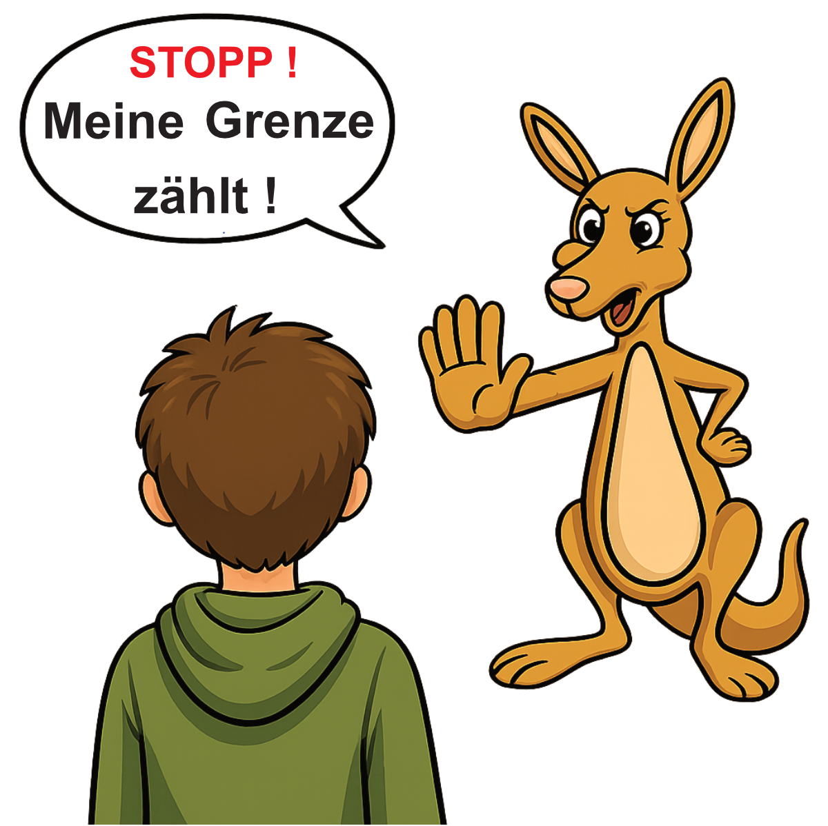 Kängu mit hochgehaltener Hand mit einer Sprechblase mit 'STOPP! (in rot) und 'Meine Grenze zählt', am linken unteren Rand der Rücken eines Jungen mit einem grünen Pullover.