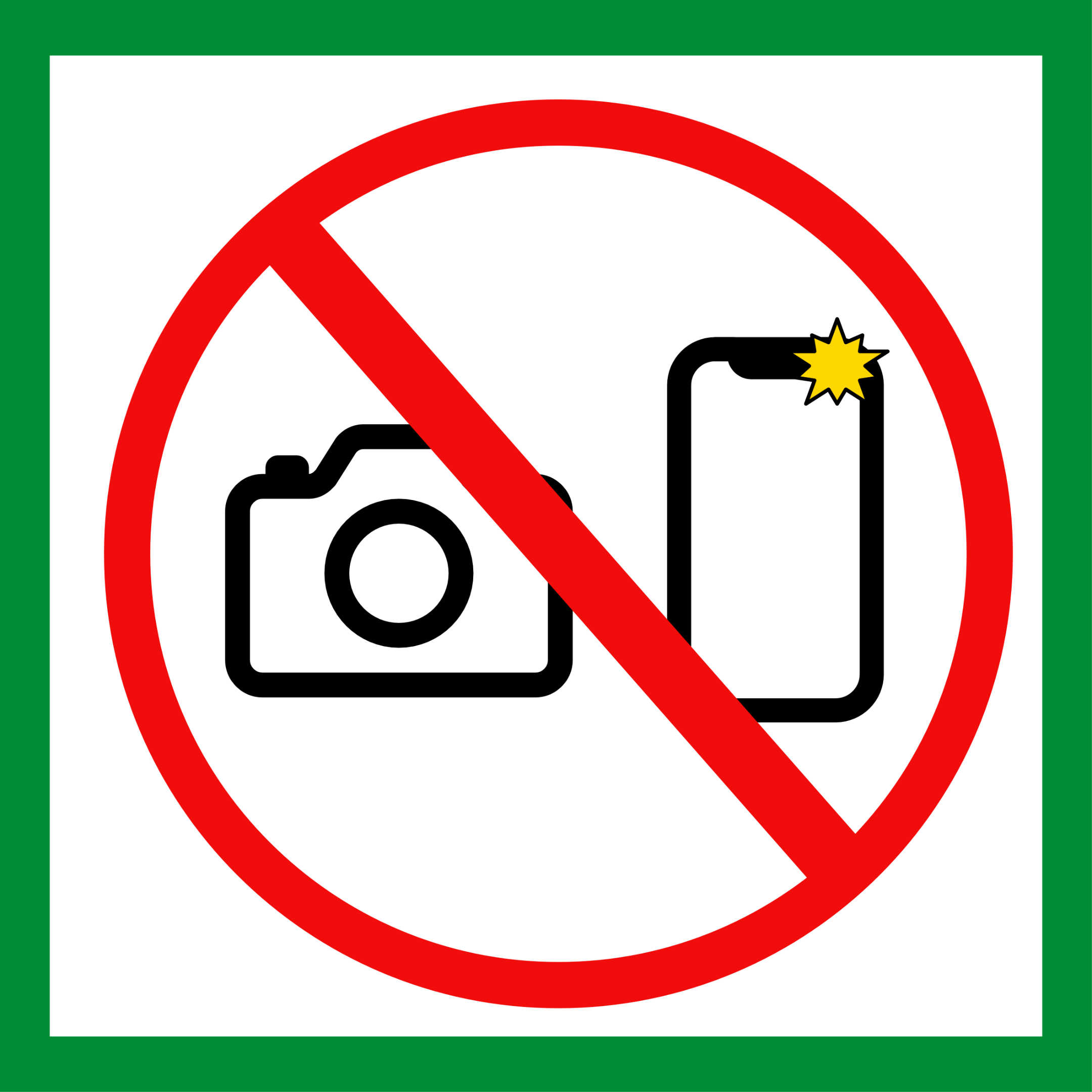In einem grünen Rahmen ein roter Kreis mit zwei Icons. Die Icons zeigen eine Kamera und ein Handy. An dem Handy ist ein gelber Blitz erkennbar. Der rote Kreis ist durchgestrichen.