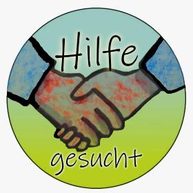 In einem runden Kreis sind zwei Hände abgebildet, die sich an den Händen fassen. In der Mitte finden sich ebenfalls die Wörter 'Hilfe' und 'gesucht'. Die farbliche Gestaltung ist blau und hellgrün.
