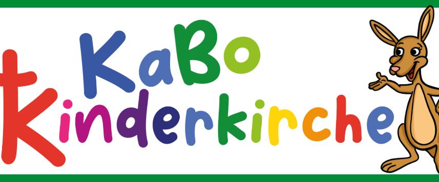 Das Logo der KaBo Kinderkirche mit dem Maskottchen Kängu umrahmt von einem grünen Kasten.