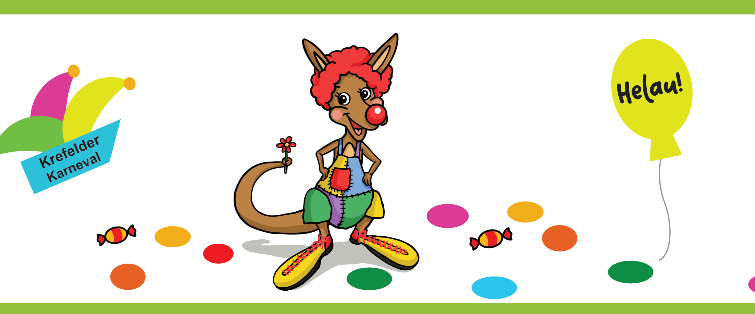 In einem hellgrünen Rahmen ist Kängu im Clown- Kostüm.  Auf dem Boden ist farbiges Konfetti sowie ein farbiges Bonbon. Zudem findet sich auf dem Bild noch eine Karnevalsmütze mit der Aufschrift 'Krefelder Karneval' und ein gelber Ballon mit 'Helau!'.
