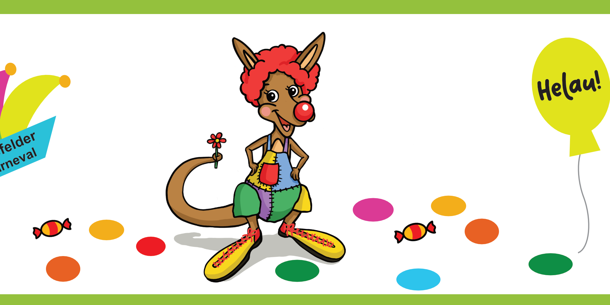 In einem hellgrünen Rahmen ist Kängu im Clown- Kostüm.  Auf dem Boden ist farbiges Konfetti sowie ein farbiges Bonbon. Zudem findet sich auf dem Bild noch eine Karnevalsmütze mit der Aufschrift 'Krefelder Karneval' und ein gelber Ballon mit 'Helau!'.