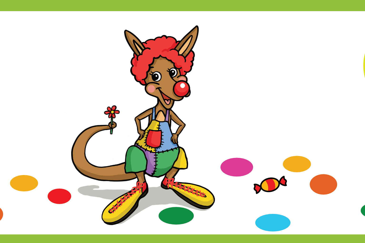 In einem hellgrünen Rahmen ist Kängu im Clown- Kostüm.  Auf dem Boden ist farbiges Konfetti sowie ein farbiges Bonbon. Zudem findet sich auf dem Bild noch eine Karnevalsmütze mit der Aufschrift 'Krefelder Karneval' und ein gelber Ballon mit 'Helau!'.