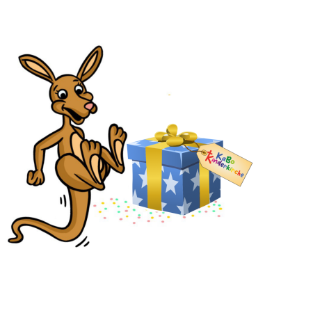 Kängu freut sich, daneben eine blaue Geschenkbox mit weißen Sternen und einer gelben Schleife sowie auch ein hellbrauner Anhänger mit dem KaBo Kinderkirchen-Schriftzug.