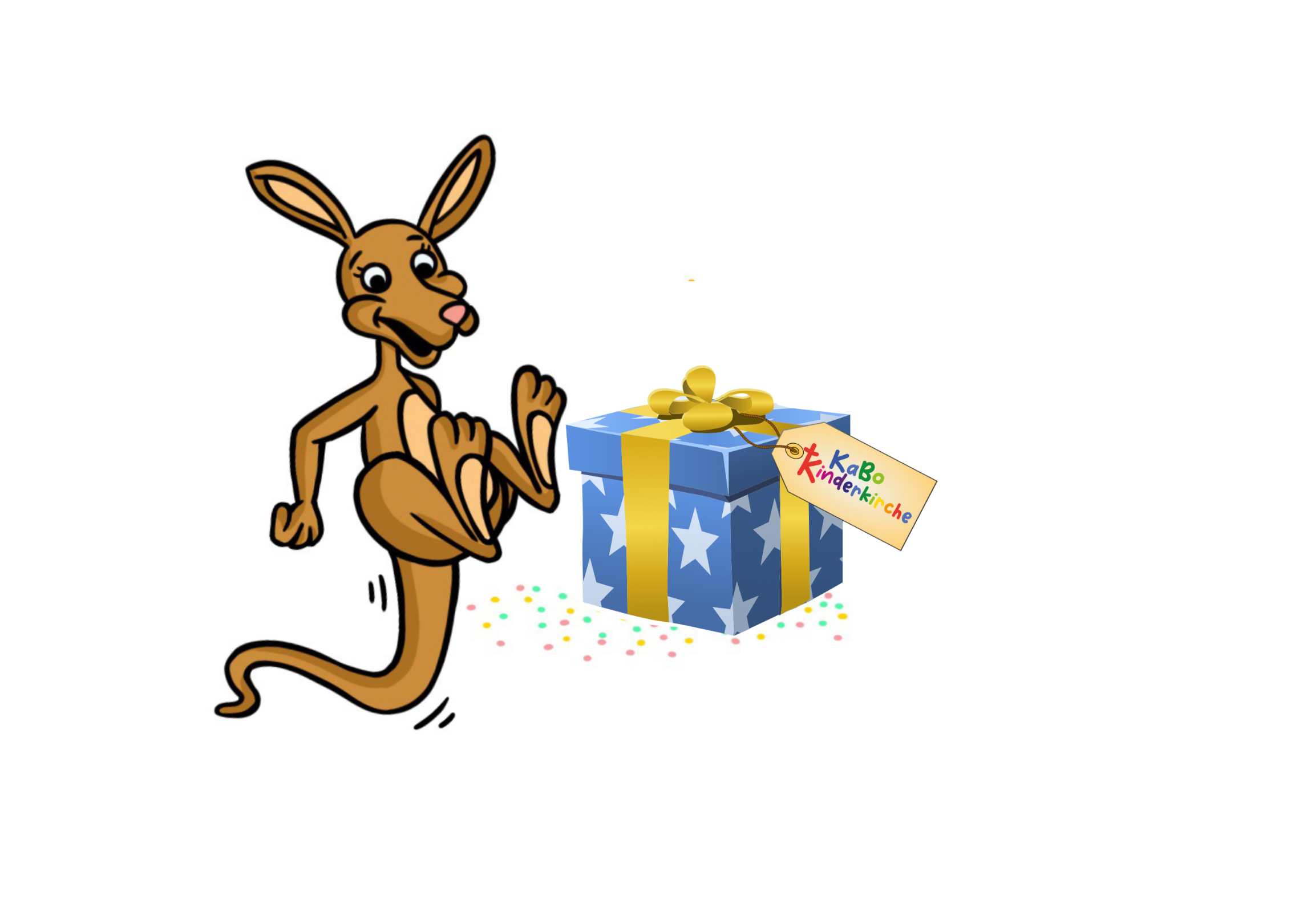 Kängu freut sich, daneben eine blaue Geschenkbox mit weißen Sternen und einer gelben Schleife sowie auch ein hellbrauner Anhänger mit dem KaBo Kinderkirchen-Schriftzug.
