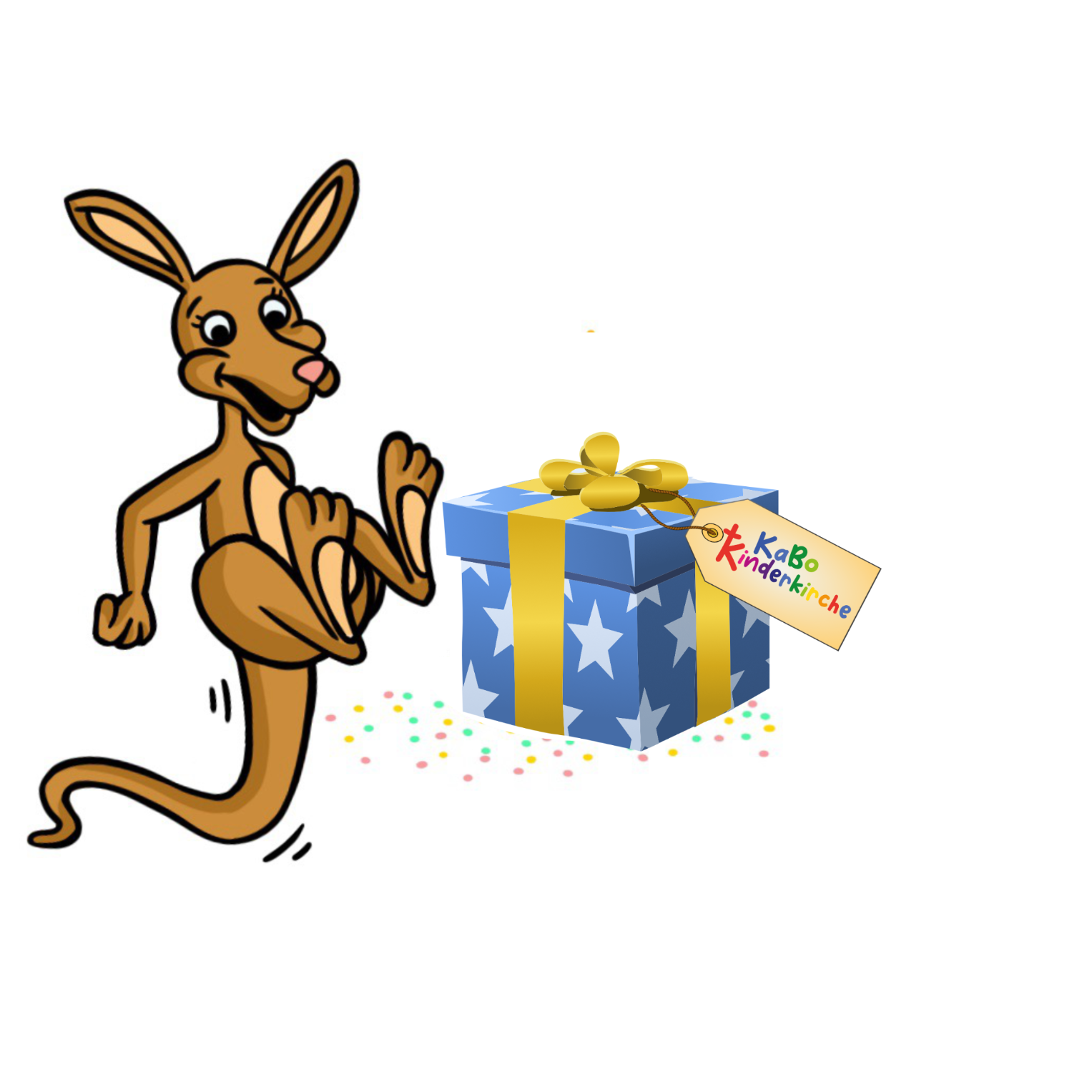 Kängu freut sich, daneben eine blaue Geschenkbox mit weißen Sternen und einer gelben Schleife sowie auch ein hellbrauner Anhänger mit dem KaBo Kinderkirchen-Schriftzug.