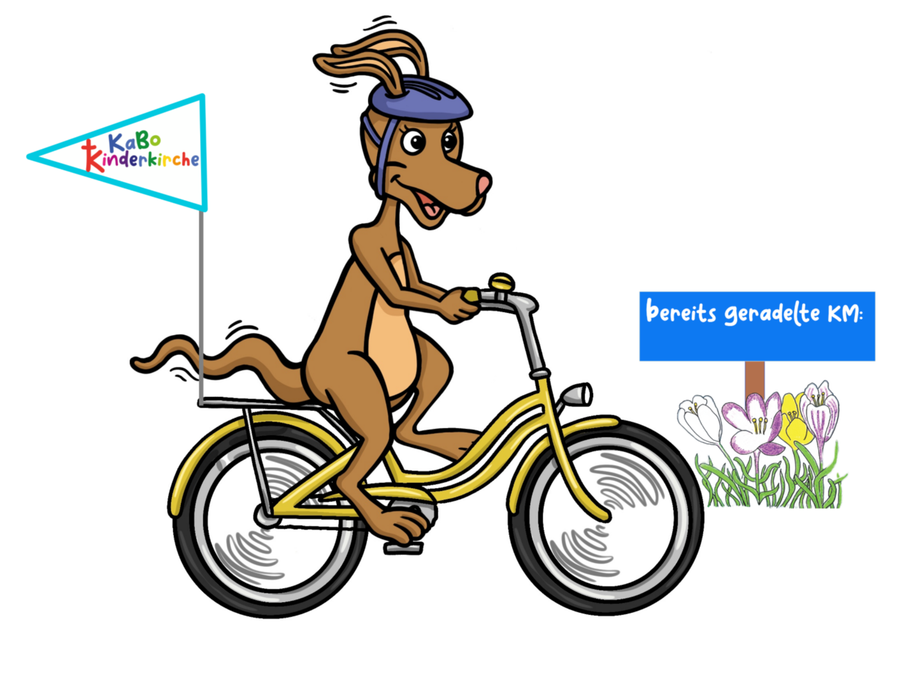 Kängu auf einem gelben Farrad sitzend mit einem lila Fahrradhelm. Am Ende des Fahrrads weht eine türkise Fahne mit dem Logo der KaBo Kinderkirche. An der Seite findet sich eine bunte Blumenwiese und ein blaues Schild. Auf diesem Schild ist in weißer Farbe der Schriftzug 'bereits geradelte Kilometer' zu lesen.