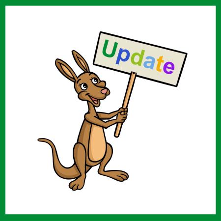 In einem grünen Rahmen ist in der Mitte Kängu. Kängu hält ein Schild hoch mit der bunten Aufschrift: Update.