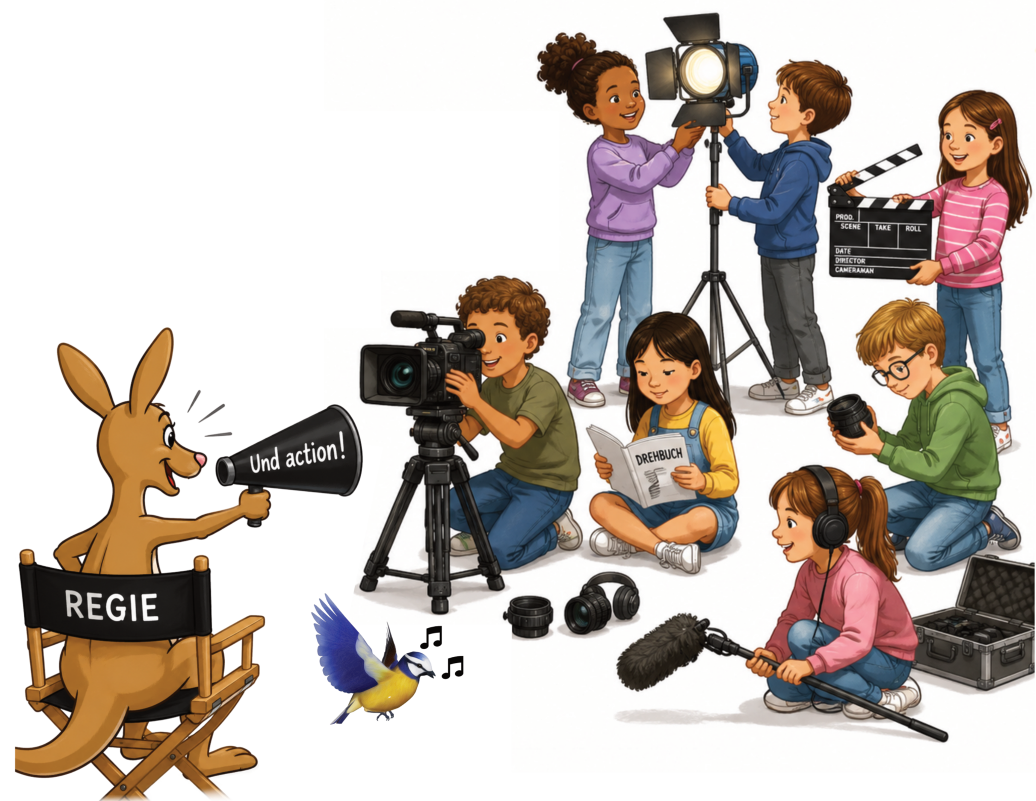 Ein Känguru sitzt auf einem Stuhl mit der Aufschrift 'REGIE' und hält eine Filmklappe mit dem Text 'Und action' vor eine Gruppe von Kindern, die Filmkamera, Mikrofon, Scheinwerfer und Drehbuch halten, während ein Vogel singt.