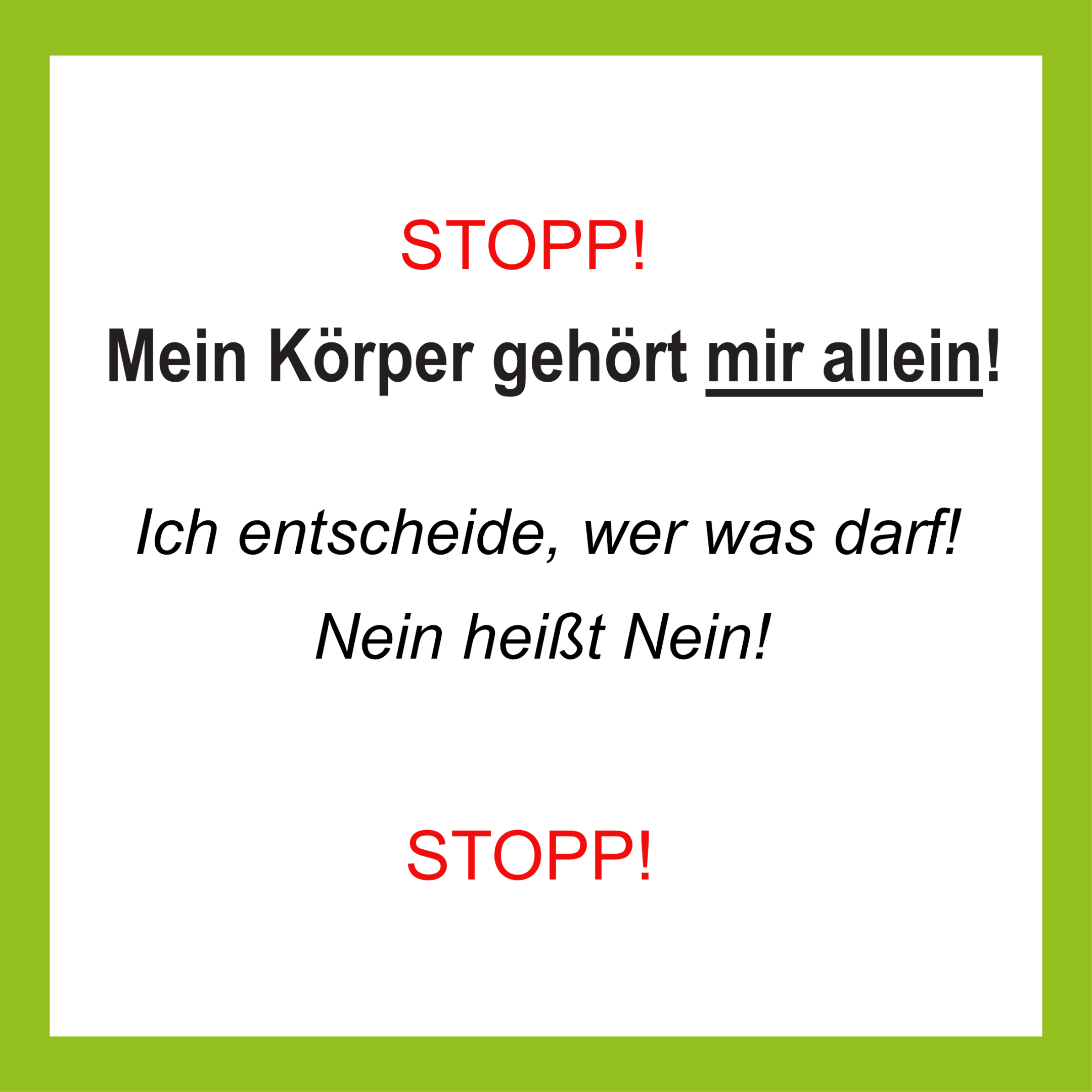 Grüner Kasten mit weißem Hintergrund, darauf Schrift in schwarz und rot.