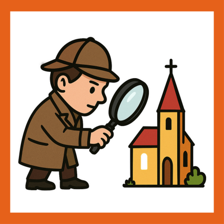 In einem orangen Quadrat ein Detektiv mit einer Lupe vor einer Kirche.