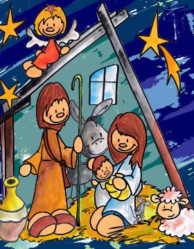 Ein Stall mit Maria und Josef. Neben dem Stall ein leuchtender Stern und auf dem Stall ein Engel. Im Hintergrund ein gezeichneter Himmel.