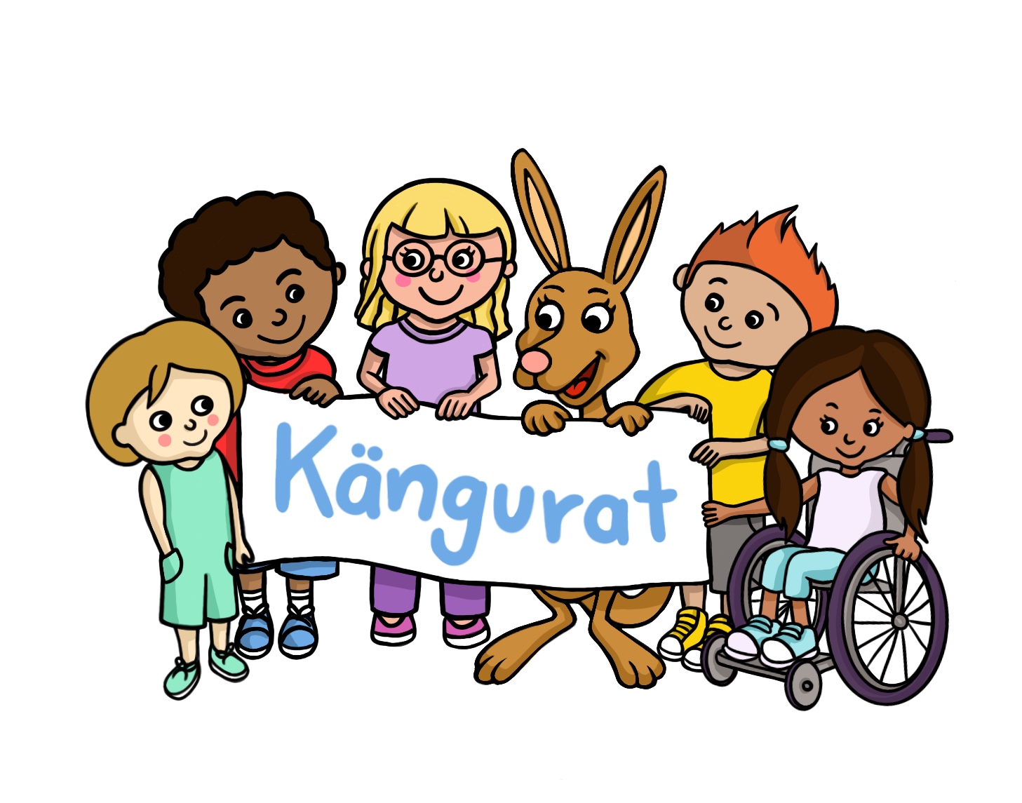 Das Logo des Kängurates. Mehrere Kinder mit unterschiedlichen farbigen Kleidungsstücken halten ein weiße Plakat hoch. Auf dem Plakat die Aufschrift in hellblauer Farbe 'Kängurat'.