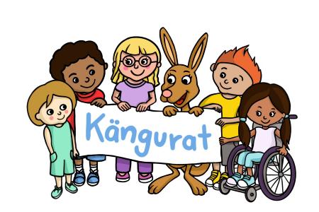 Das Logo des Kängurates. Mehrere Kinder mit unterschiedlichen farbigen Kleidungsstücken halten ein weiße Plakat hoch. Auf dem Plakat die Aufschrift in hellblauer Farbe 'Kängurat'.