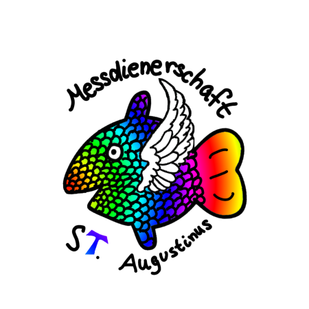 Bunter Fisch mit Flügel und Schuppenmuster, darüber der Schriftzug 'Messdienerschaft', darunter 'St. Augustinus'