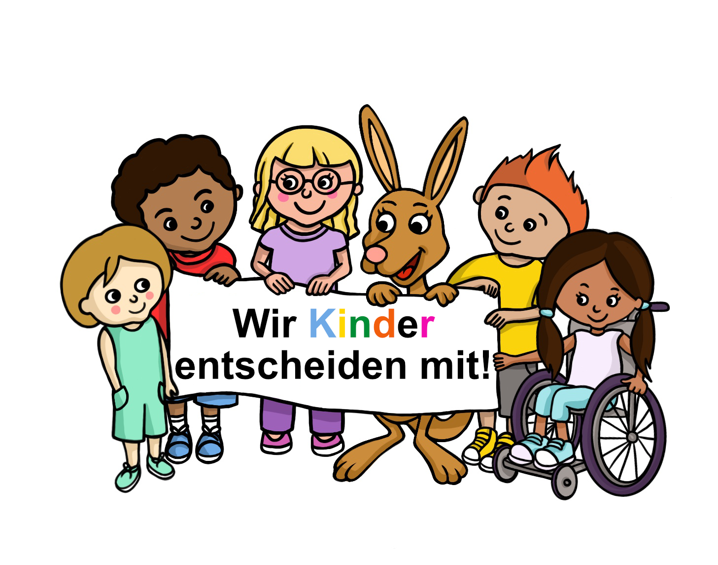 Mehrere Kinder und Kängu halten ein Banner mit einer Aufschrift.