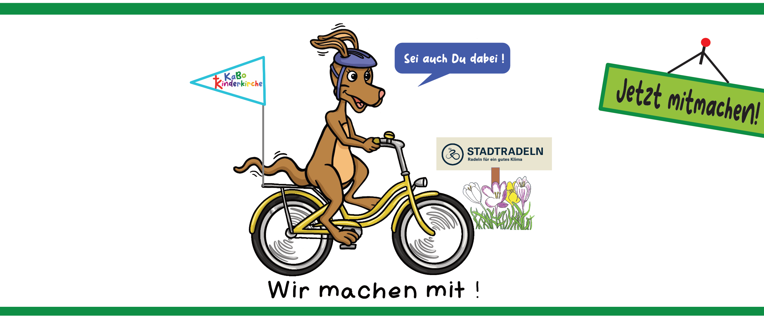 Kängu auf einem gelben Farrad sitzend mit einem lila Fahrradhelm. Am Ende des Fahrrads weht eine türkise Fahne mit dem Logo der KaBo Kinderkirche. An der Seite findet sich eine bunte Blumenwiese und ein blaues Schild. Auf diesem Schild ist in blauer Farbe der Schriftzug 'STADTRADELN - Radeln fürs Klima' zu lesen. Daneben findet sich ein Kasten mit 'Jetzt mitmachen!' auf hellgrünem Grund an einem roten Haken.