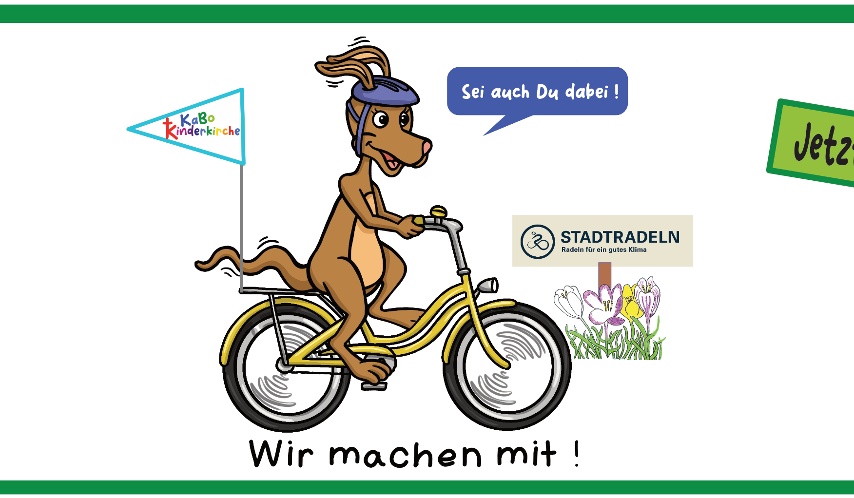 Kängu auf einem gelben Farrad sitzend mit einem lila Fahrradhelm. Am Ende des Fahrrads weht eine türkise Fahne mit dem Logo der KaBo Kinderkirche. An der Seite findet sich eine bunte Blumenwiese und ein blaues Schild. Auf diesem Schild ist in blauer Farbe der Schriftzug 'STADTRADELN - Radeln fürs Klima' zu lesen. Daneben findet sich ein Kasten mit 'Jetzt mitmachen!' auf hellgrünem Grund an einem roten Haken.