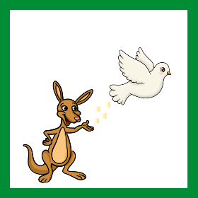 In einem grünen Rahmen Kängu mit ausgestreckter Hand. In einer Linie mit der Hand fliegt eine weiße Taube.