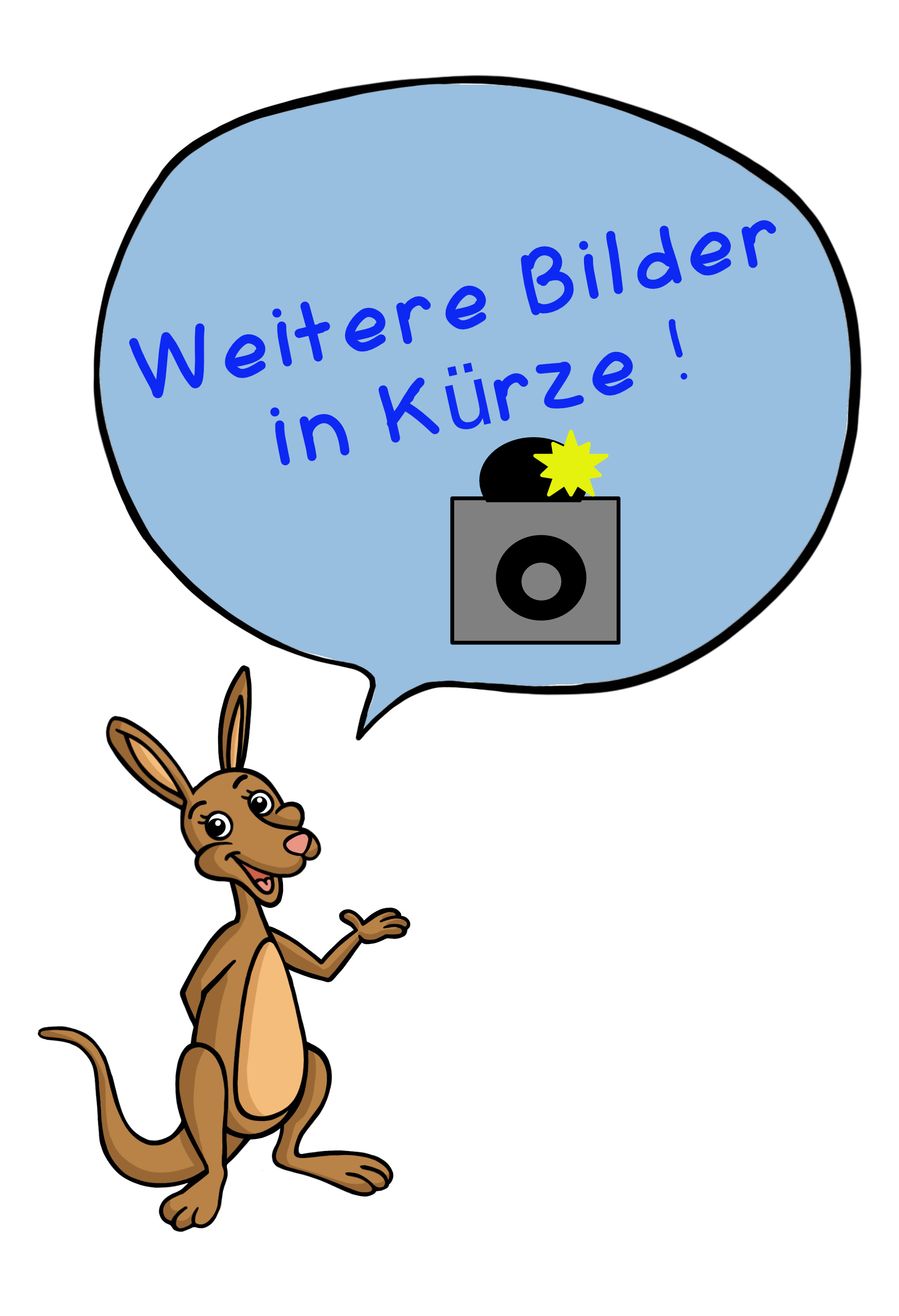 Kängu mit einer großen, hellblauen Blase. In der Blase die Wörter Weitere Bilder in Kürze! und ein Fotoapparat als Icon.