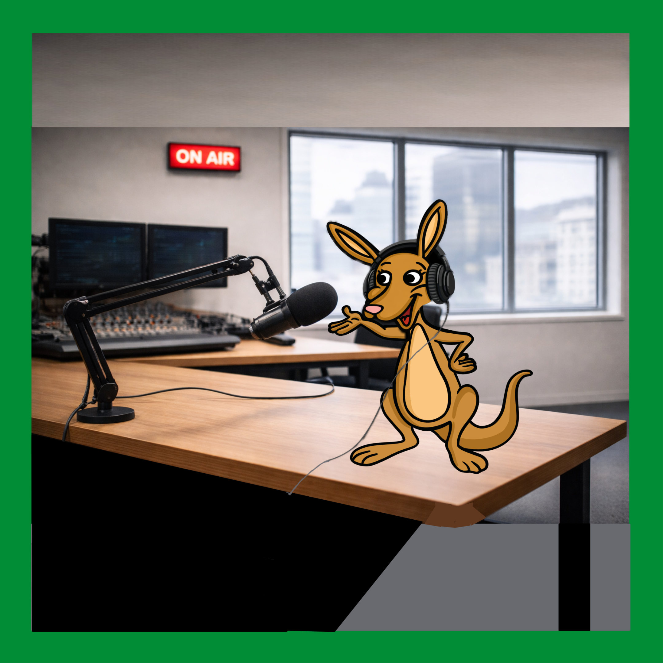 Kängu steht auf einem Tisch neben einem Radiomikrofon. Im Hintergrund ein Raum mit Fenstern und Equipment fürs Radio. Zudem findet sich eine Anzeige in rot mit 'On AIR'. Das gesamte Bild ist in einem grünen Rahmen.