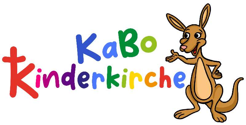 Kängu neben einem bunten Schriftzug. Der Schriftzug lautet 'KaBo Kinderkirche'.