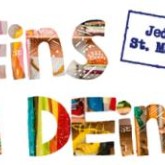 Der Schriftzug Meins wird deins mit drei Ausrufezeichen. Der Schriftzug ist sehr bunt.