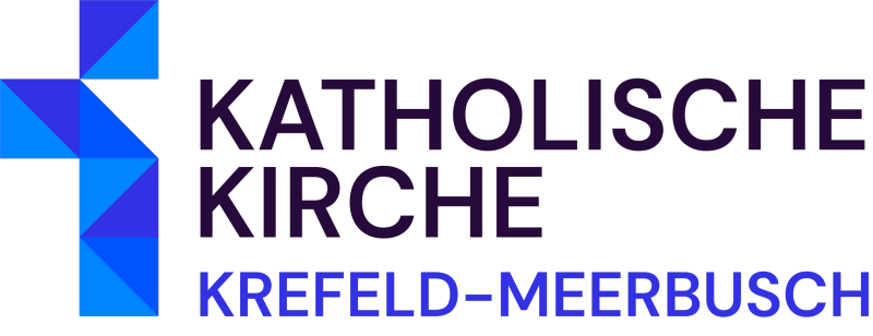 Neun Dreiecke bilden in verschiedenen Blautönen ein Kreuz mit Schrift daneben: Katholische Kirche; Krefeld-Meerbusch
