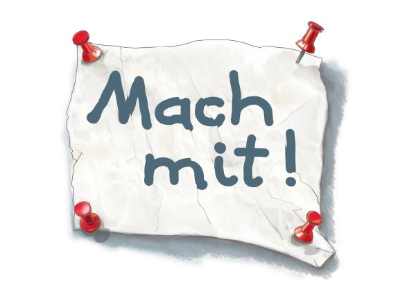 Ein Blatt, welches von drei roten Nadeln in den Ecken gehalten wird. In der Mitte die Aufschrift 'Mach mit!'